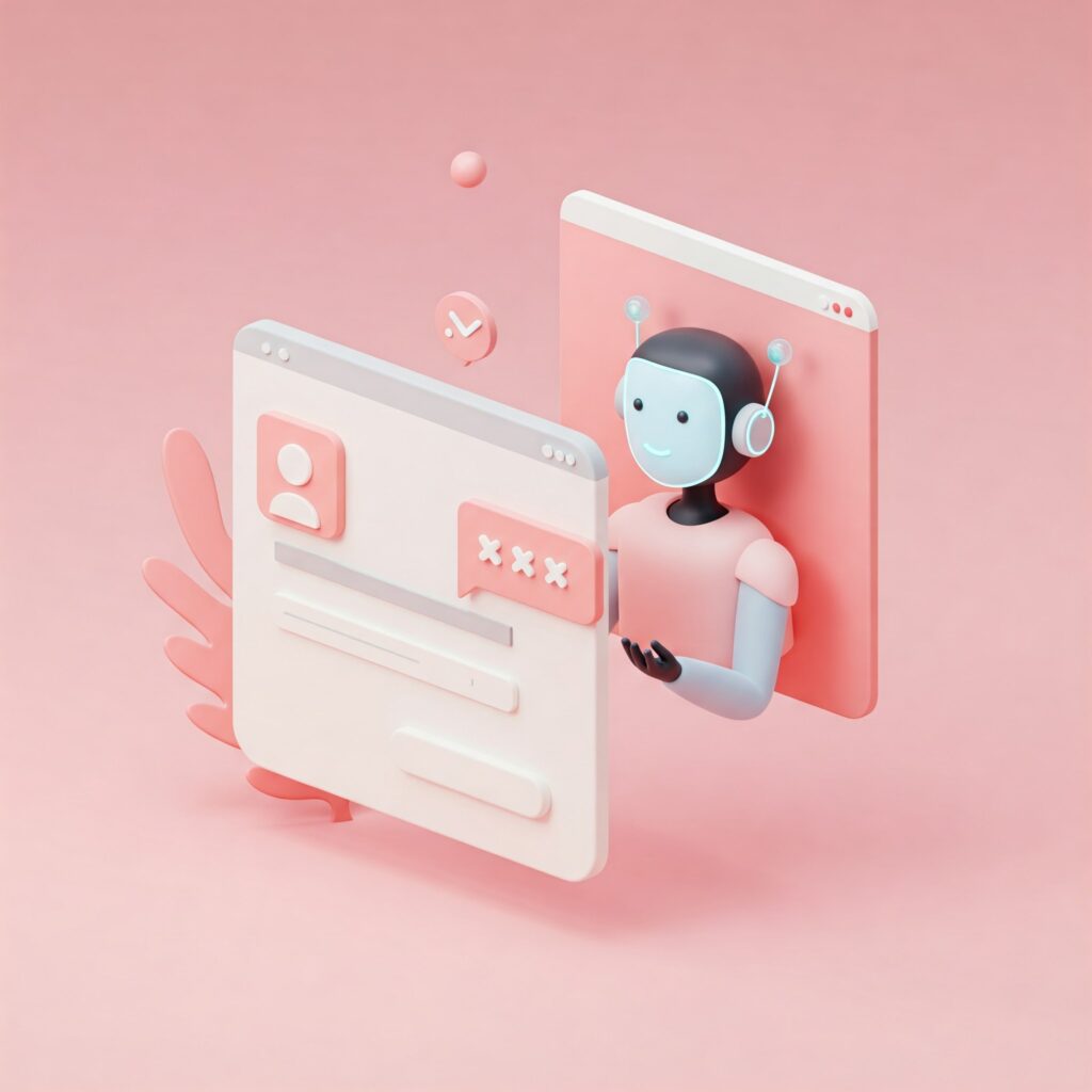 Image of a futuristic AI website chat bot interface with a friendly AI assistant.