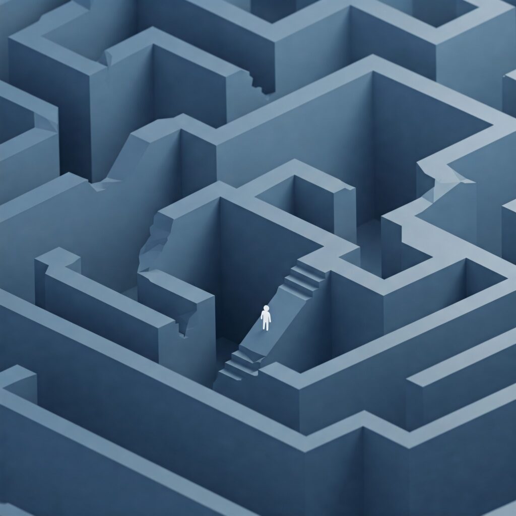 Figure lost in a maze symbolizing confusing website navigation and the absence of clear calls to action, leading to user frustration.