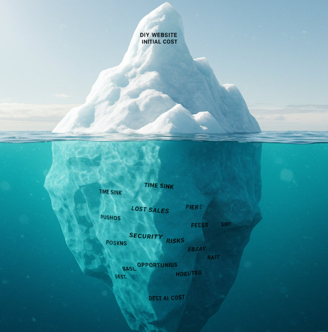 Iceberg illustrating the hidden costs of DIY websites; small visible tip shows initial cost, large submerged part reveals significant expenses like lost sales, time sinks, and security risks.