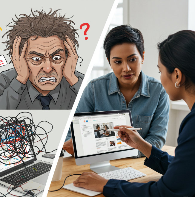 Split image contrasting a frustrated entrepreneur with a DIY website builder against a confident business owner working with a professional web designer on a successful site.