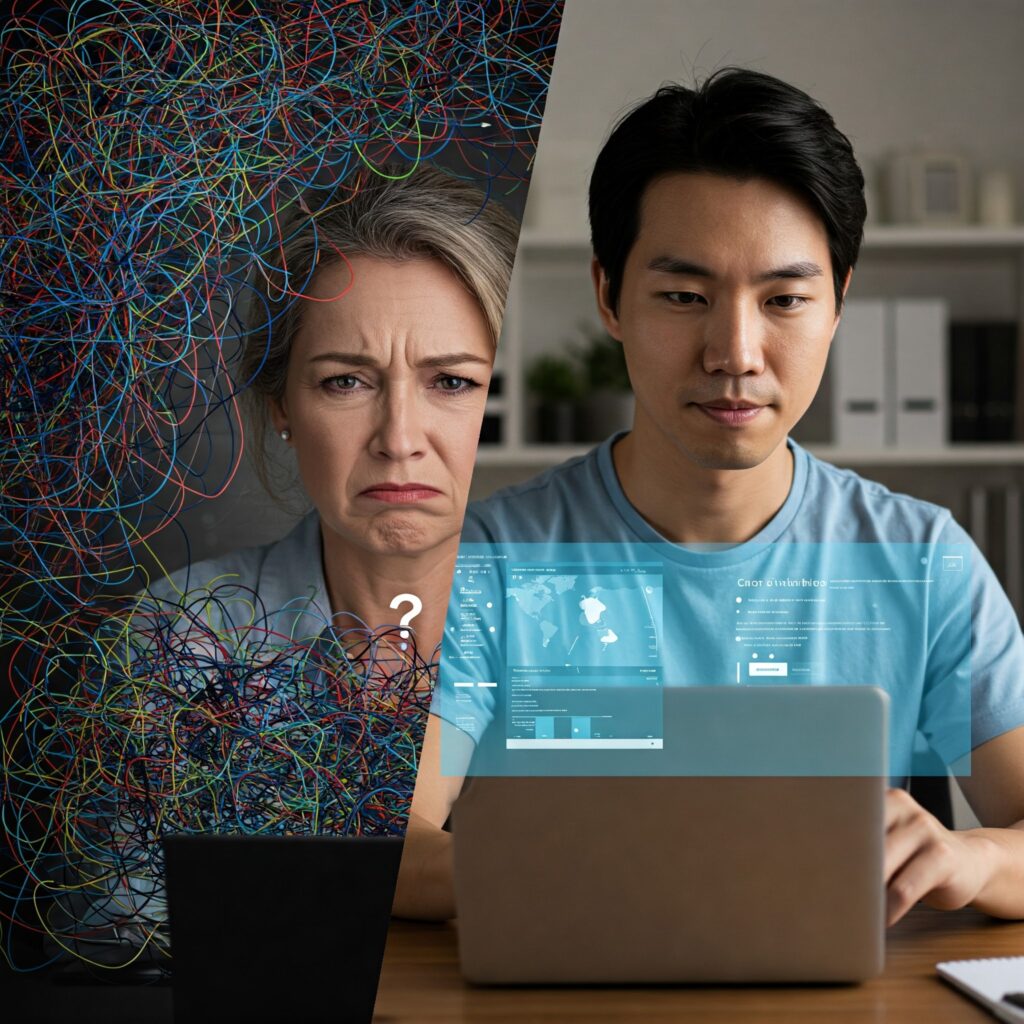 Split screen comparing a frustrated user with a confusing website UX and a satisfied user with a clear, intuitive website UX, highlighting the impact of user experience.