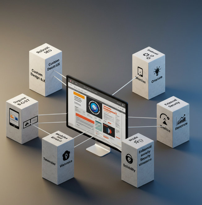 Architectural pillars labeled Custom Design, SEO, Mobile-First, Security, and Scalability, supporting a modern, successful brand website, illustrating the foundations of a professional web presence.