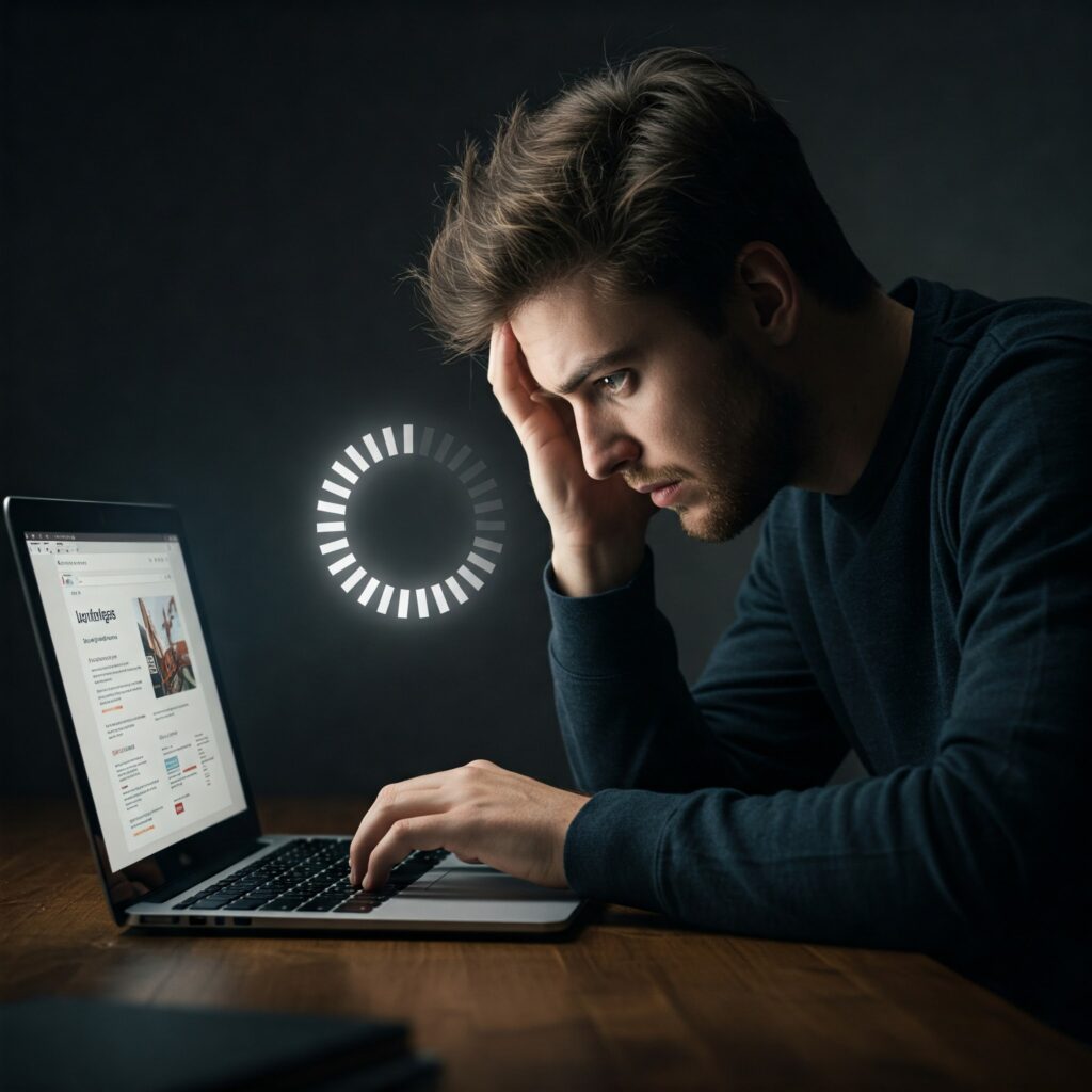 Illustration of a user frustrated by a slow-loading website with a spinning wheel, emphasizing how slow speed costs businesses customers and revenue.