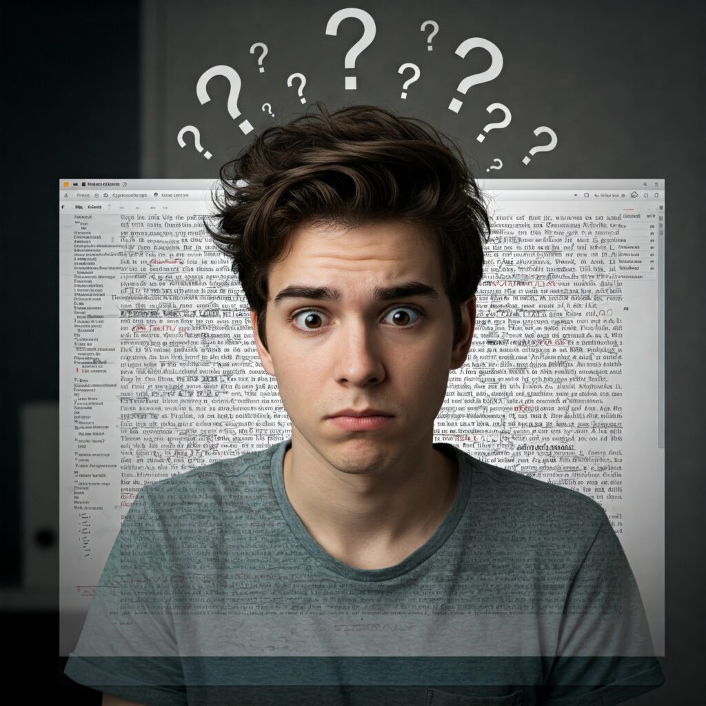 User looking confused at a webpage with dense, unreadable text, illustrating how poor content fails to engage or convert visitors.