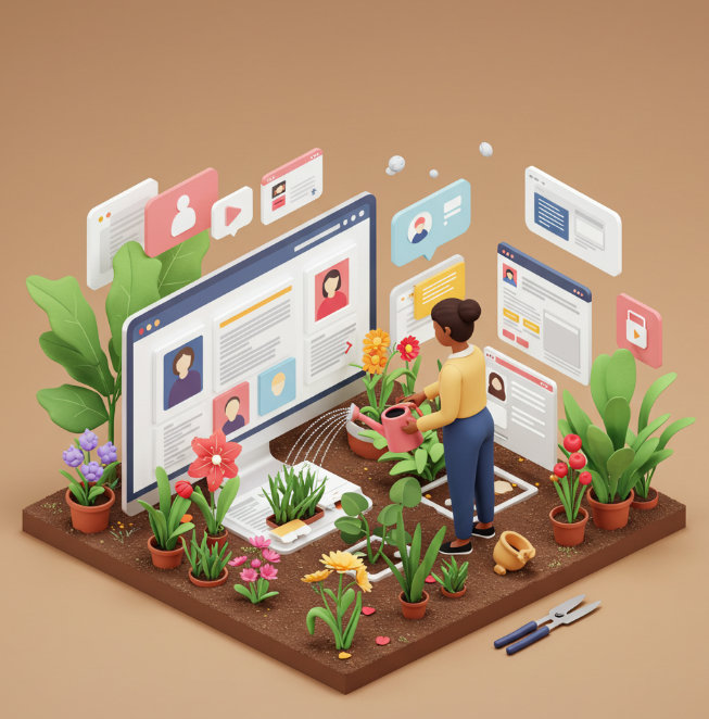 Professional web expert tending to a vibrant digital garden that represents a well-maintained website, with flourishing plants symbolizing healthy site elements and continuous growth.