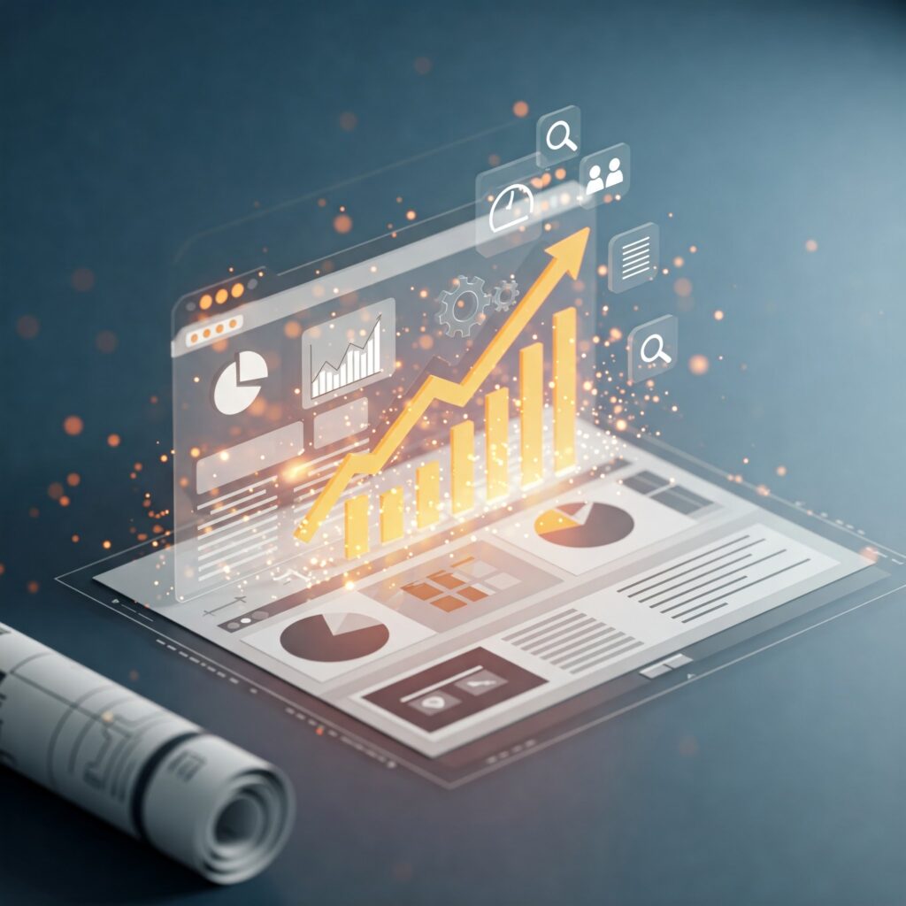 Digital toolkit with optimization icons being applied to a website blueprint, representing strategies to fix issues and improve performance.