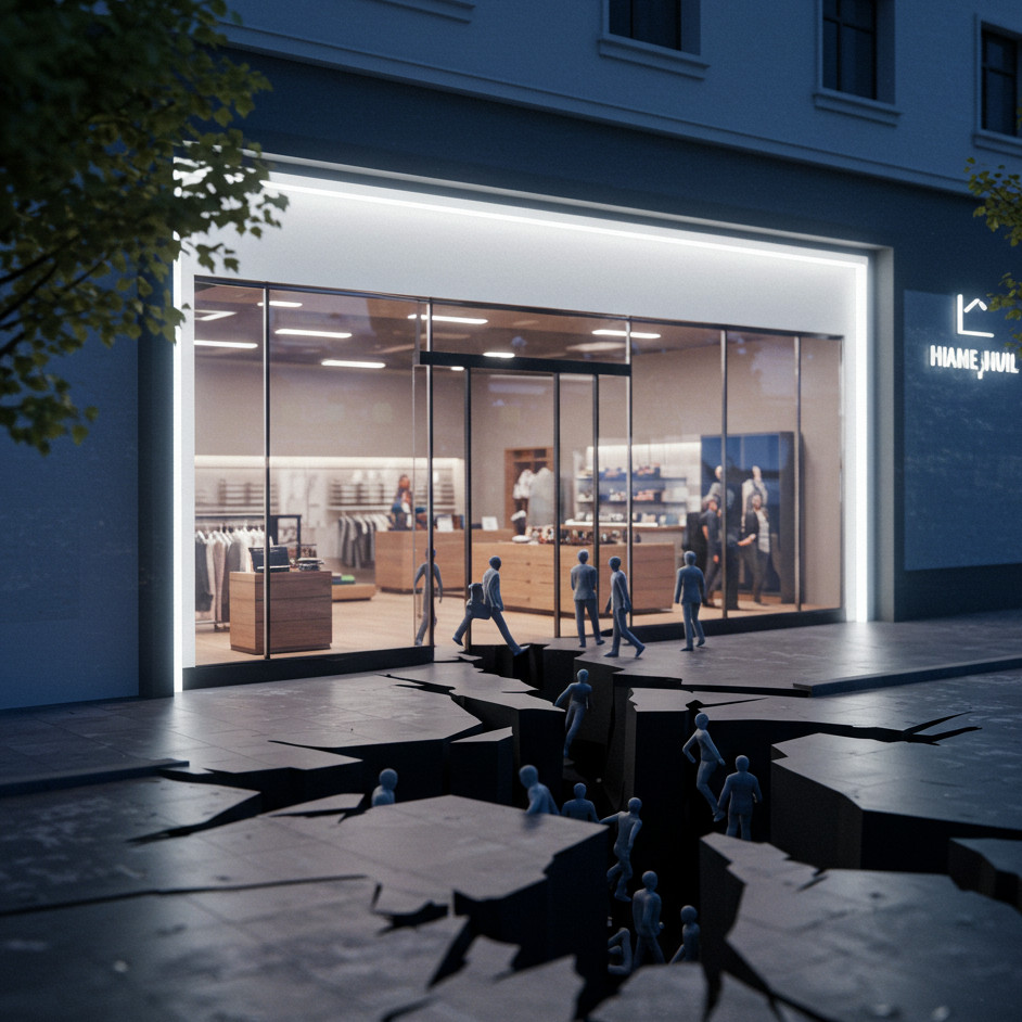 Abstract image of a modern digital storefront with a crack in its base, symbolizing lost revenue and customers due to poor website performance.