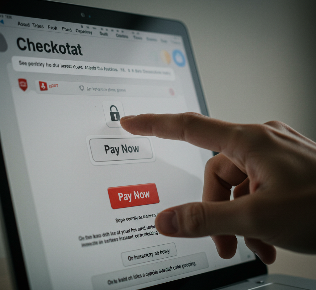 Hand hesitating over a 'Pay Now' button on an untrustworthy-looking website, highlighting how security concerns and lack of credibility deter conversions.